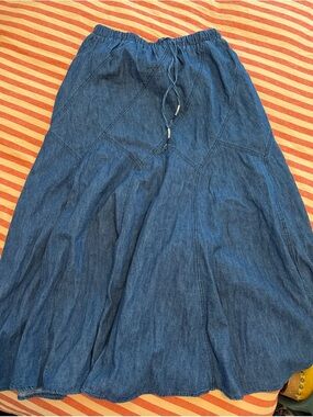 Blue Denim Maxi Skirt with Drawstring Waist